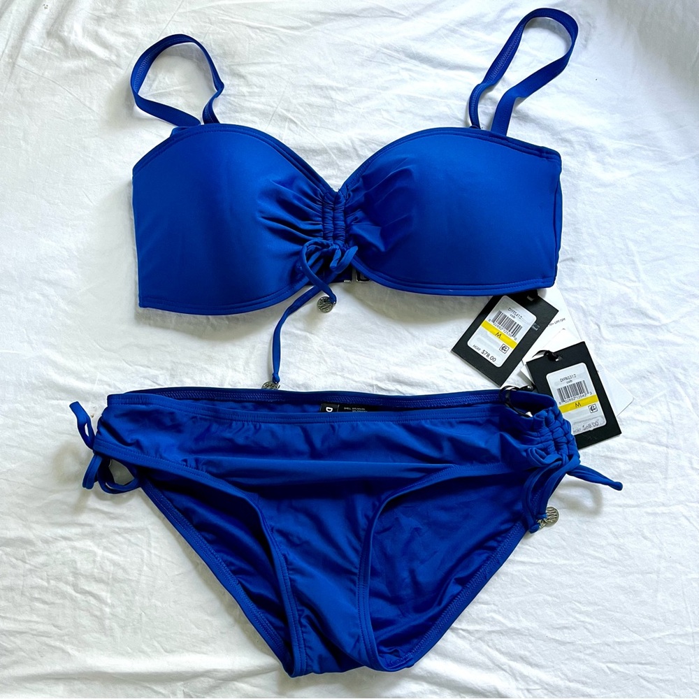 DNKY Cobalt Bikini Set Cinched Bandeau Side Tie Bottom Medium